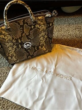 Michael Kors Brown Snake-Print Satchel with Silver MK Logo